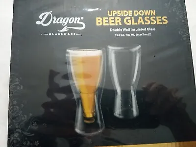  2 New Upside Down Beer Glasses 13.5 Oz  Double Wall Insulation Dragon Glassware • £14.25