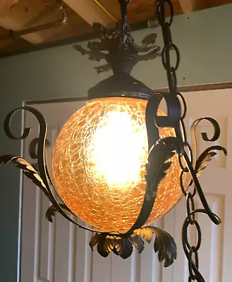 Vintage MCM Amber Globe Hanging Swag Lamp With 11 Foot Long Chain WORKS • $147.99