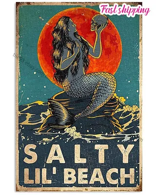 Mermaid Skull Salty Lil Beach Vintage Vintage Home Poster Wall Art Vertical • $14.54