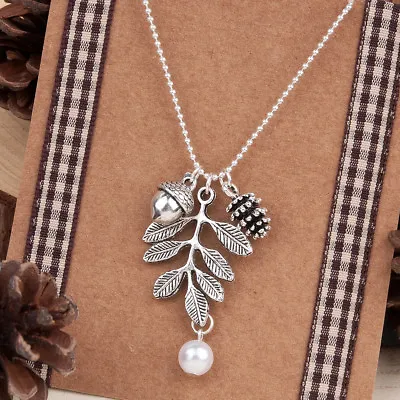 Necklace Antique Silver Pine Cone Acorn Leaf White On 18  Chain With Gift Bag • £4.99