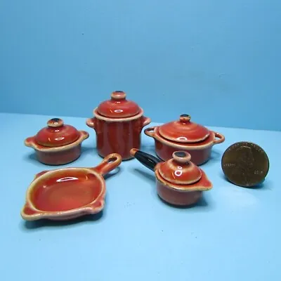 Dollhouse Miniature Red Ochre Glazed Stoneware Cooking Set Pots And Pans B5704 • $10.79