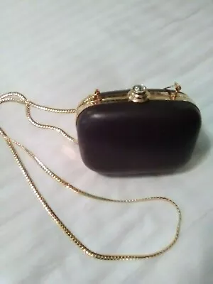 Vintage Mini Bag Rich Brown Leather Minaudiere Golden Frame W/ Cabochon Snap • $96