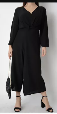 Boohoo Curve Black Kimono Jumpsuit Wide Leg Dress Wrap Belt Sz 16 Crepe Palazzo • £9.99