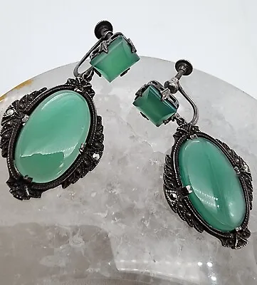 Sterling Silver 925 Art Deco Chrysoprase Marcasite Screw Back Earrings Ag 22379 • $90