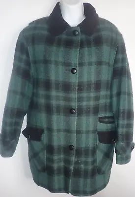 Vintage L.L. Bean Wool Coat Women L Green Black Plaid Braid Buttons Quilt Lining • $39.99