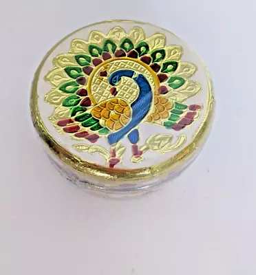 Meenakari India  Golden Container Storage Box Peacock Design 4  D / 2  H • $18.99