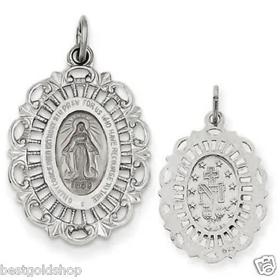 Large 1  Oval Miraculous Medal Filigree Charm Pendant Solid Real 14K White Gold  • $420.50