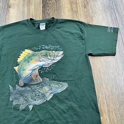 Vintage Walleye Shirt Mens L Green Fishing Up North Lake Gogebic Underwater Tee • $14.96