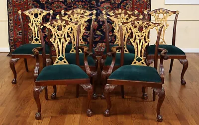 Nice Set Of 8 Chippendale Style Gold & Mahogany Dining Chairs With Green Fabric • $1950