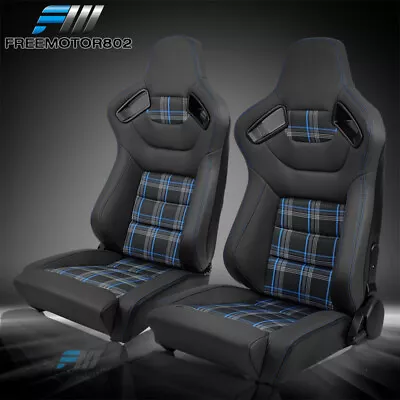 Adjust Universal Racing Seat Big Microfiber Leather Blue Plaid + X2 Dual Slider • $354.99