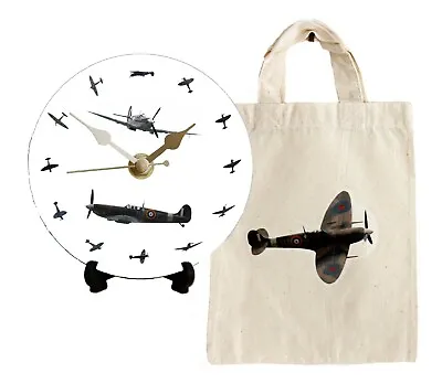 DIY 12cm Clock KIT Of RAF Spitfire In Small Canvas Gift Bag With Spitfire Motif • £19.50