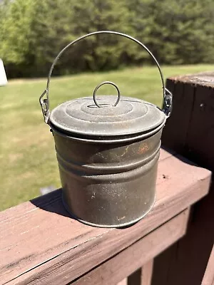 Small Antique Vintage Primitive Tin Lunch Pail Farm Berry Bucket W Lid & Handle • $14.71