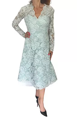 Vicky Tiel Couture Vintage Ice Blue Floral Beaded Lace Long Sleeve Dress Gown 4 • $189.99