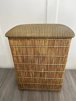 Vintage MID CENTURY Bamboo Clothes Hamper W/ Fabric Top Hinged Lid RETRO BOHO • $47.83