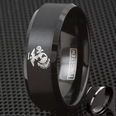 8mm Tungsten Men's Detailed Marine Corps Logo Marines Black Brushed Wedding Band • $26.99