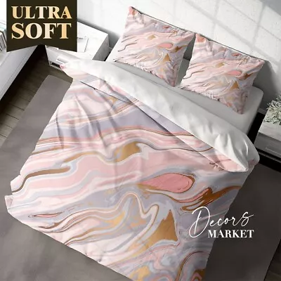 Flow White Texture Marble Pink Quilt Cover Cotton Doona Cover With 2X Shams • £16.06