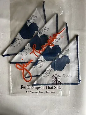 Jim Thompson Thai Silk Vintage Floral Blue Handkerchief Scarf 16”x16” Set Of 4 • $45