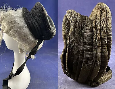 Victorian Pleated Black Silk Crimped Crinkled Crisp Crepe Mourning Bonnet Hat • $59.99