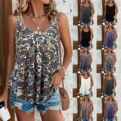 UK Womens Holiday Beach Strappy Vest Tank Ladies Printed Pullover Cami Blouse • £8.59