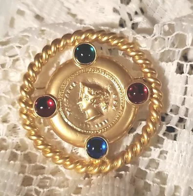 Queen Victoria Medallion Coin Multi-Color Cabs Gold-Tone Brooch Pin Vintage • £23.70