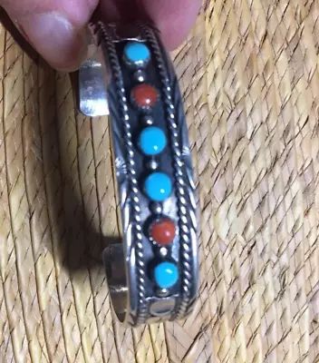Silver Cuff Bracelet-Turquoise And Mediterranean Coral. • $129.99