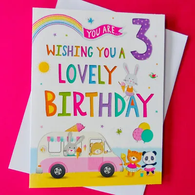 Age 3 Birthday Card Years Old Female Girl Child Panda Tiger Rabbit Third Three • £2.49