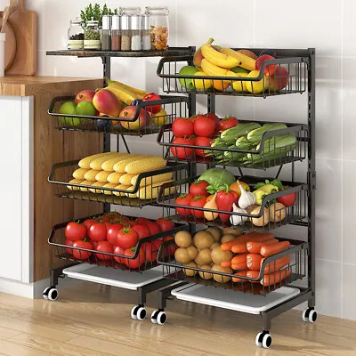 4/5/6 Tier Fruit Trolley Basket Rack Kitchen Storage Vegetable Cart With Wheels • £17.95