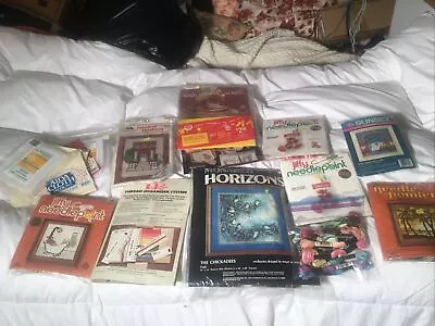 [RARE] HUGE LOT OF NIP VTG NEEDLEPOINT KITS JIFFY*MONARCH*SUNSET*AIDA CLOTH 70s • $45