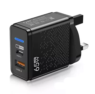 65W GaN 2-Port USB-C PD33W +QC 3.0 Fast Charger Plug 3 Pin UK Mains Wall Adapter • £7.50