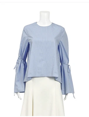 $45 • Buy SCANLAN & THEODORE Blue Pinstripe Bell Sleeve Cotton Tie Top Blouse -  Size 8