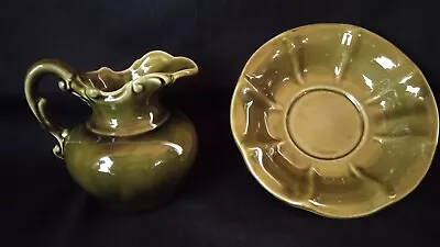 Vintage McCoy Olive Green Small Pitcher Bowl Set Grapevine Design Mid Century • $12.50