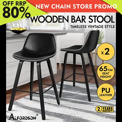 ALFORDSON 2x Wooden Bar Stools Noah Kitchen Dining Chair Vintage Retro All Black • $166.79