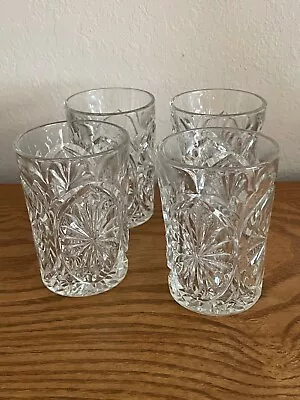 Vintage Starburst Pattern Clear Glass 3 3/8  Tall Juice Glasses Of 4 • $25