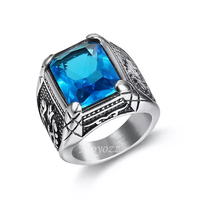 Mens Blue Red CZ Aquamarine Square Stone Ring Stainless Steel Size 7 8 9-15 Gift • $10.99