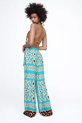 ZARA PALAZZO Boho Flowing Wide Pants Turquoise Print Viscous Sz L Wmns NWT$50 • $25