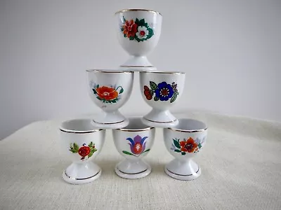 EASTER Vintage Ceramic 6 Egg Cups Floral Gold Rim East Germany GDR Ostalgie • £12.50