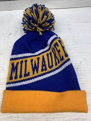 MILWAUKEE BREWERS Hat Pom Striped Knit Beanie Cuff Skull Cap Blue Yellow • $10