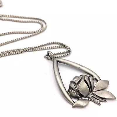 Kathy Bernu Pewter Openwork Memorial Tear Rose Pendant Necklace • $15