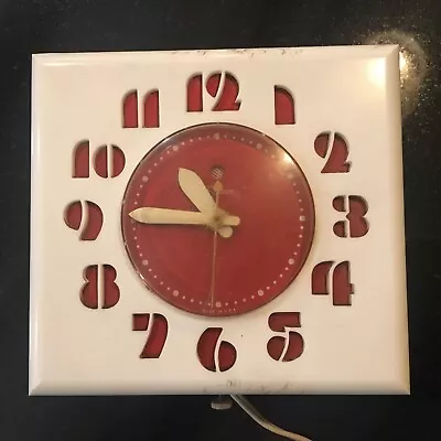 Vintage Mid Century Modern Retro Square Red Telechron 2H27 Wall Clock Working • $19.99