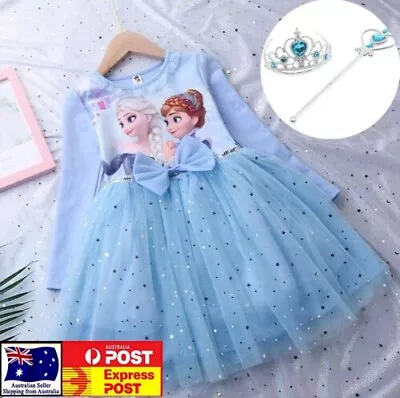 Girls Frozen Elsa Long Sleeves Cotton Costume Party Birthday Dress Wand 2-8Years • $30.95