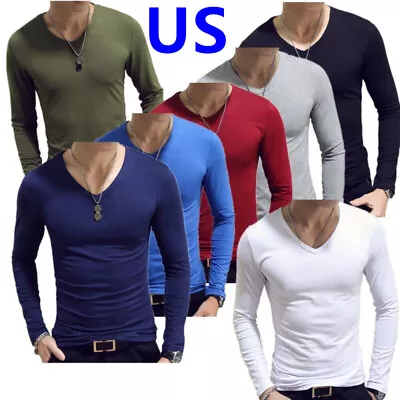 US Men's Slim Fit V-Neck Long Sleeve Pullover T-Shirt Muscle Workout Tee Top • $11.15