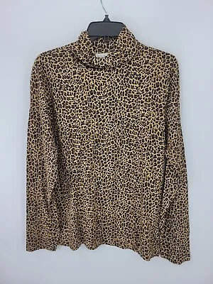 J Crew Top Womens XL Brown Cheetah Print Trutleneck Long Sleeve Boho Artsy Knit • $23.27