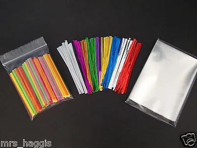 50 X 3.5  BRIGHT MIXED CAKE POP KIT STICKS CELLO BAGS & METALLIC TWIST TIES • £4.25