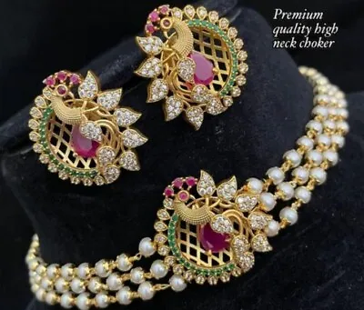 Indian Bollywood Gold Plated Kundan Choker Bridal Necklace Earrings Jewelry Set • $23.37