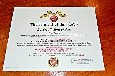 Marine Combat Action Medal (Horizontal) Certificate United States Marine Corps • $18.95