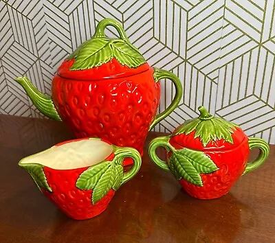 Vintage Strawberry Teapot Creamer Cup And Sugar Jar • $54.99