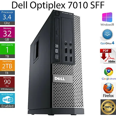 Windows 11 Dell OptiPlex 7010 SFF Intel Core I7 32GB RAM 1TB SSD WiFi Desktop PC • £230