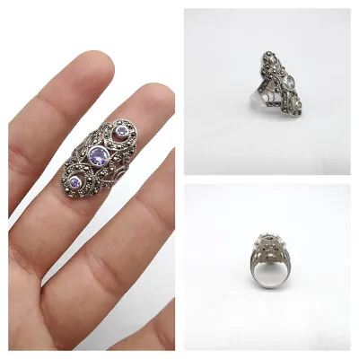 Amethyst Crystal Quartz Marcasite 925 Sterling Silver Gift Beautiful Rings 8 Gm • $16.90