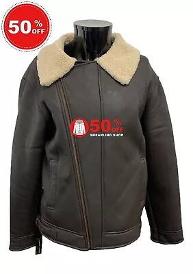 Mens B3 Aviator Flying Brown Beige Fur Shearling Sheepskin Bomber Leather Jacket • £112.50