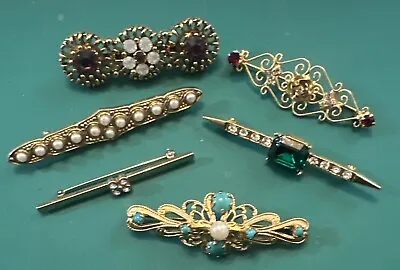 Vintage Jewelry Brooch Bar Pin Lot (6) Rhinestone Faux Pearls Gold Tone Metal  • $28